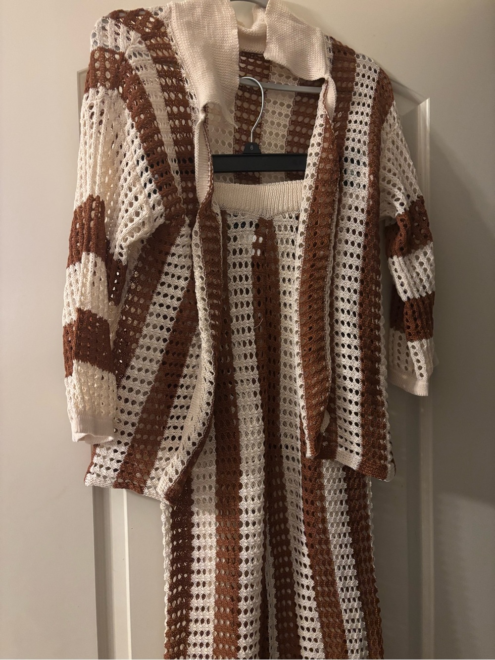 Open Weave Striped Knit Sweater - Cream & Brown